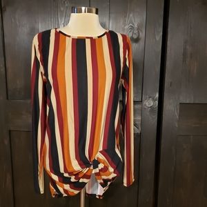 Ladies Medium orange/ black and kacki long striped  shirt with a knot [18]